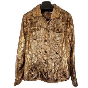 Chico's Gold Floral Snake Skin Pattern Metallic Button Down Jacket Size 12 (2)